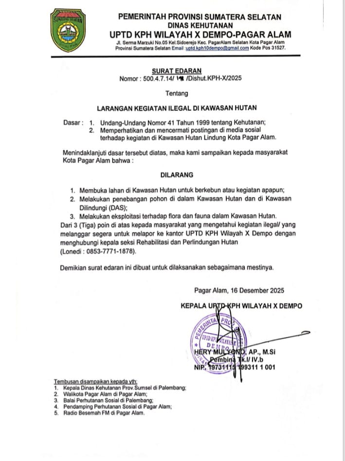 SURAT EDARAN : LARANGAN KEGIATAN ILEGAL DI KAWASAN HUTAN